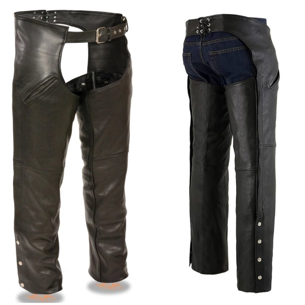 Milwaukee Biker Leather Chaps Men Large Black Adjustable Waist Motorcycle Cowboy